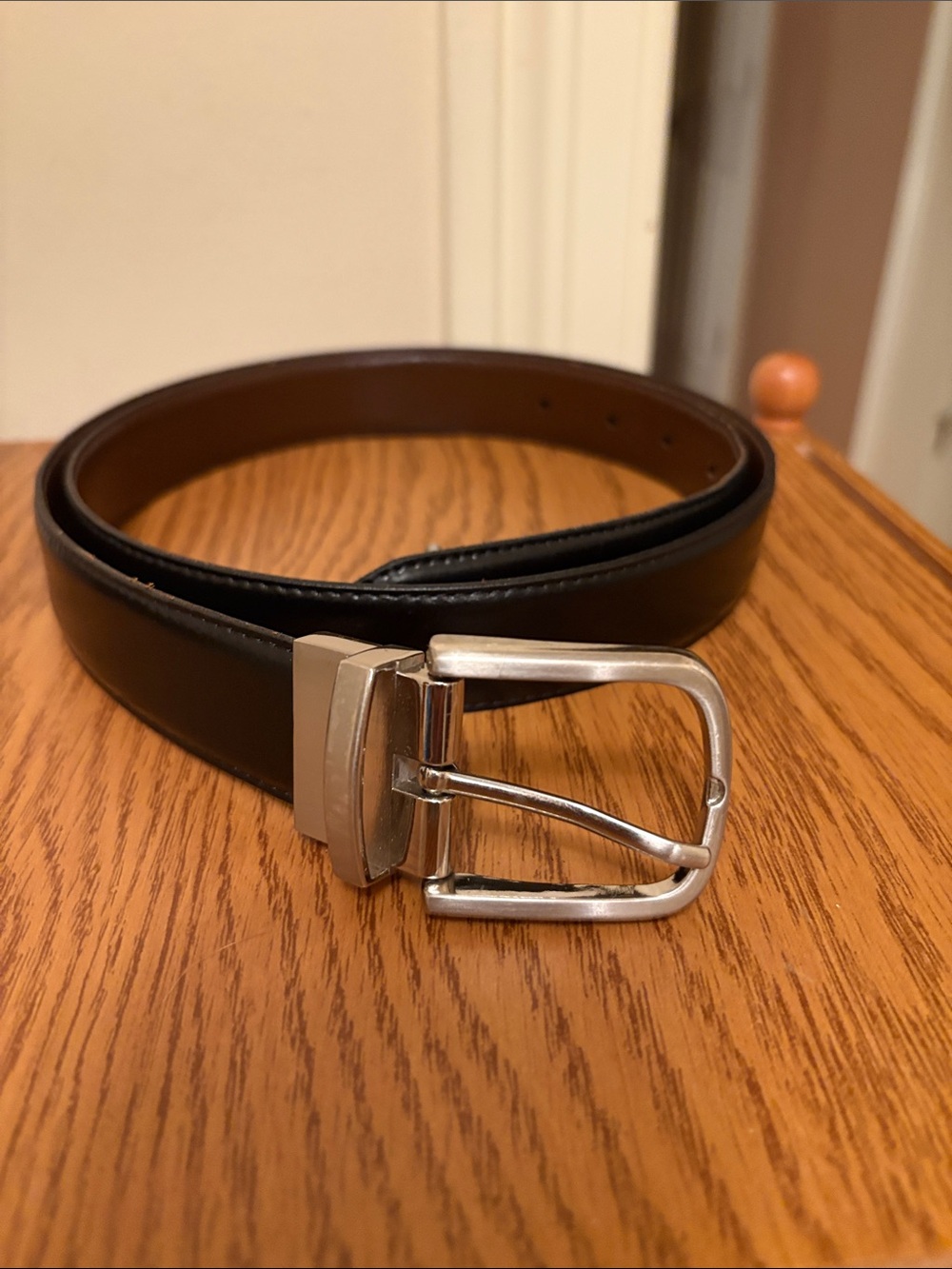 Men's Black Leather Dress Belt with Silver Buckle